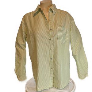 CHICO;S GREEN & WHITE BUTTON DOWN PINSTRIPPED SHIRT NWOT SIZE 10